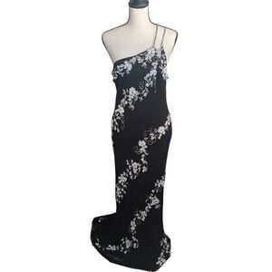 Vintage 90s Scala Black Floor Length Gown Fully Beaded Floral One Shoulder Silk